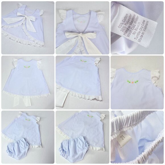 Proper Peony Blue Embroidered Open Swing Back Matching Ruffle Outfit Set 2T - Picture 2 of 16